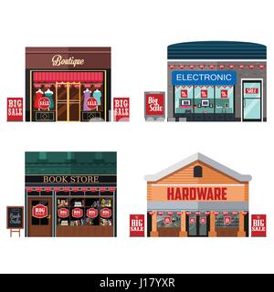 Un vecteur illustration des différents types de magasins avec des signes de vente Illustration de Vecteur