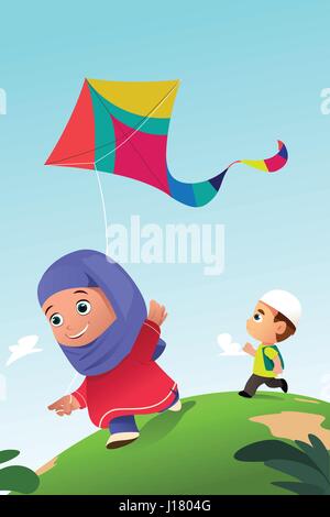 Un vecteur illustration d'enfants musulmans à l'extérieur Cerfs-volants Illustration de Vecteur