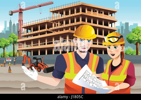 Un vecteur illustration de Female Construction Worker avec un collègue de travail Illustration de Vecteur