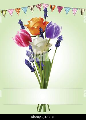 3D Illustration d'un bouquet de roses Tulipes et banderoles avec lavande et Copie Espace Banner Illustration de Vecteur