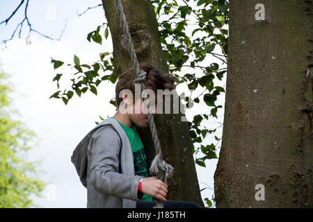 Garçon jouant sur rope swing, UK Banque D'Images