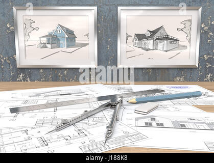 2 Cadres Photo en métal bleu sur mur de béton usé avec maison des croquis. Plans d'architecture générique sur table. Règle, crayon et du diviseur de métal. Banque D'Images