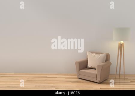 Canapé marron avec de la lumière jaune de la lampe design chambre blanche vide intérieur dans le rendu 3D Banque D'Images