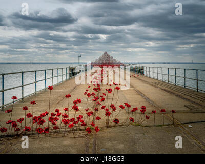 Coquelicots vague est une installation artistique par l'artiste Paul Cummins sur l'affichage à l'embarcadère de la barge de Gunners Park, Essex Shoeburyness, dans le cadre d'une tournée au Royaume-Uni. Banque D'Images