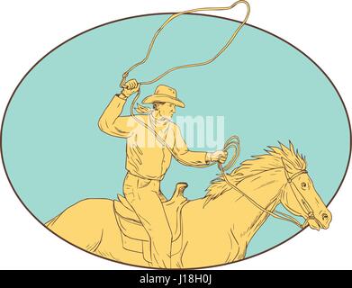 Croquis dessin illustration de style d'un cow-boy holding lasso cheval vu du côté situé à l'intérieur du cercle sur fond isolé. Illustration de Vecteur