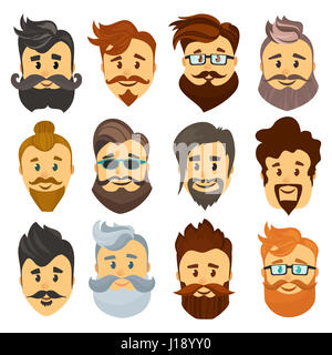 Barbershop Hipster cartoon européens avec des barbes et moustaches différentes coupes élégantes isolé sur fond blanc . Vector Cartoon style mauvais Banque D'Images