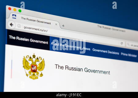 Londres, Royaume-Uni - 13 avril 2017 : La page d'accueil du site web officiel du Gouvernement russe, le 13 avril 2017. Banque D'Images