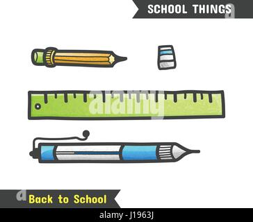 Retour à l'école Fournitures, vector hand drawn icône, isolé sur blanc, style dessin animé. Un ensemble de papeterie pour l'école, le stylo à bille, Crayon, gomme un Illustration de Vecteur