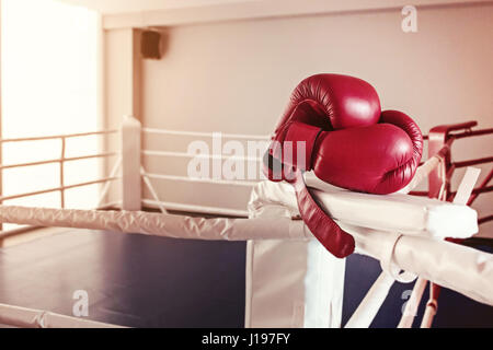 Une paire de gants de boxe rouge se bloque l'anneau Banque D'Images