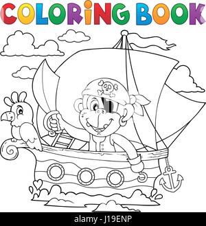 Livre de coloriage avec bateau pirate monkey - eps10 vector illustration. Illustration de Vecteur