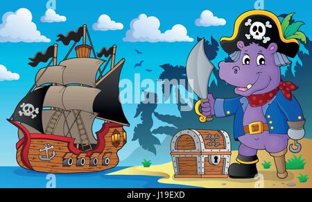 Hippopotame Pirate Thème 2 - eps10 vector illustration. Illustration de Vecteur