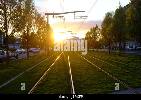 Vue du coucher de traces d'un tramway, Paris Banque D'Images