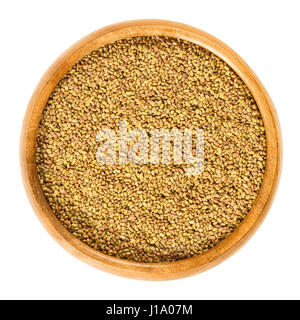 Graines de luzerne dans bol en bois. Luzerne, Medicago sativa. Utilisé pour les faire germer et en germination avec de l'eau dans un pot pour la consommation. Macro photo isolées. Banque D'Images
