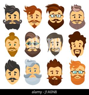 Barbershop Hipster cartoon européens avec des barbes et moustaches différentes coupes élégantes isolé sur fond blanc vector illustration Illustration de Vecteur