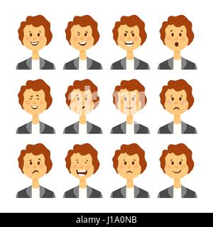 Ensemble d'émotions faciales femelle. Femme à Barbe caractère emoji avec différentes expressions. Vector illustration dans le style cartoon Illustration de Vecteur