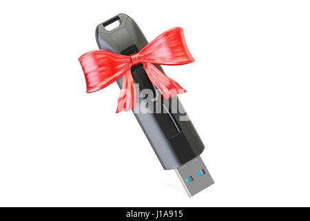 Lecteur flash USB avec noeud et ruban, cadeau concept. Le rendu 3D Banque D'Images