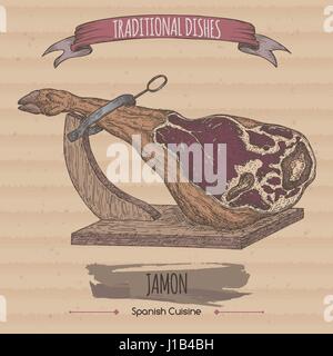 Jamon vintage couleur croquis sur fond de carton. Des plats traditionnels collection. Illustration de Vecteur