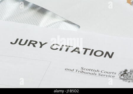 Citation Citation Jury lettre émise par les tribunaux écossais et tribunaux, Ecosse, Royaume-Uni Banque D'Images