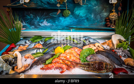 Des fruits de mer et poissons se trouvant sur la glace dans la vitrine. Réthymnon sur l'île de Crète, Grèce. Banque D'Images