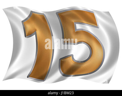 Dans le vent qui flotte le drapeau avec chiffre 15, 15, isolé sur fond blanc, 3D render Banque D'Images