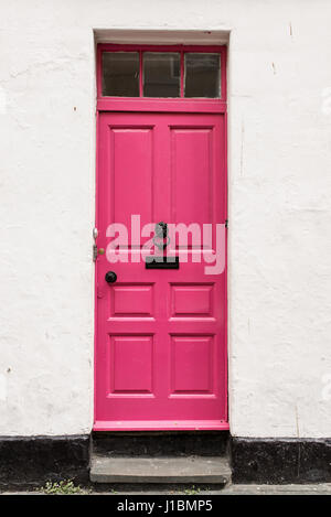 Victorian rose vif sur la porte d'un mur vide blanc Banque D'Images