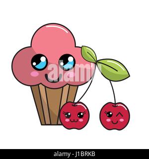 Kawaii cherry cup cake icône avec belles expressions Illustration de Vecteur