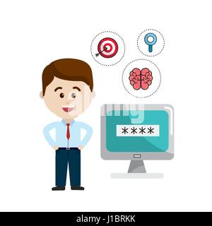 L'homme avec la pensée de la santé et de la technologie clé dans l'ordinateur Illustration de Vecteur