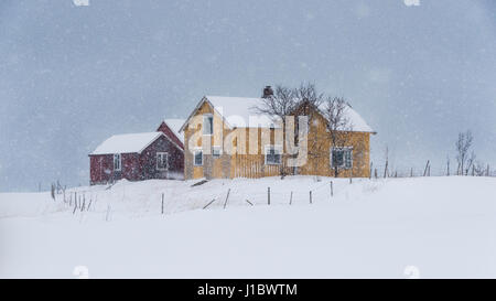 Maison Jaune et rouge en dépendances neige près de Flakstad Flakstadoya sur l'Église, îles Lofoten, Norvège Banque D'Images