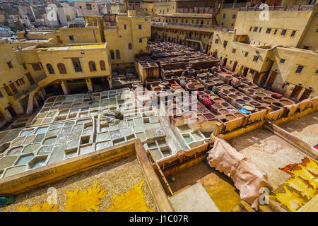 Le traitement traditionnel de tannerie à fes, Maroc Banque D'Images