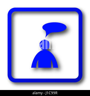 Commentaires - l'homme avec l'icône de la bulle. Commentaires - homme avec bouton site bulle sur fond blanc. Banque D'Images