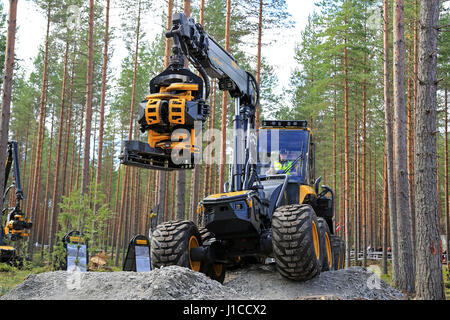 JAMSA, FINLANDE - septembre 1, 2016 : Ponsse Ergo abatteuse forestière tête d'abatteuse et présentée lors d'une ride sur terrain accidenté, une démonstration de travail b Banque D'Images