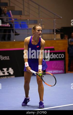 KHARKIV, UKRAINE - 11 février 2017 : Lesia TSURENKO de l'Ukraine se prépare à servir au cours de BNP Paribas tennis FedCup match contre Daria GAVRILOVA de Aus Banque D'Images