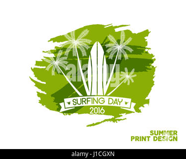 Surfing day label des éléments graphiques. Locations de typographie emblème sur l'encre aquarelle splash. Badge parti surfer avec des symboles de Surf - Surf. Le mieux pour nous Banque D'Images