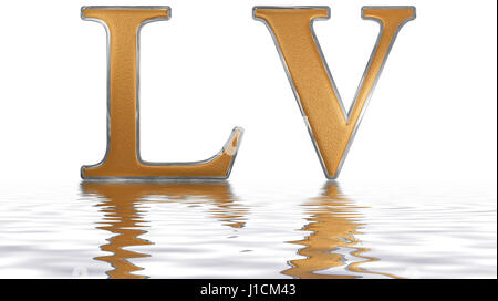 Le chiffre romain et quinquaginta quinque, LV, 55, cinquante-cinq, qui se reflète sur la surface de l'eau, isolé sur blanc, 3D render Banque D'Images