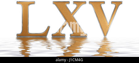 Le chiffre romain LXV, quinque et sexaginta, 65 ans, 65 ans, qui se reflète sur la surface de l'eau, isolé sur blanc, 3D render Banque D'Images