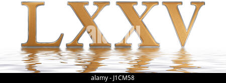 Le chiffre romain LXXV, quinque et septuaginta, 75, soixante cinq, reflétée sur la surface de l'eau, isolé sur blanc, 3D render Banque D'Images
