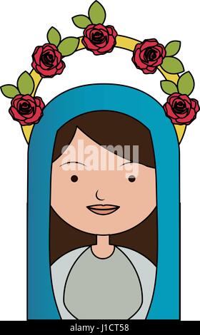 Fond blanc de moitié du corps colorés belle vierge avec couronne de roses et manteau bleu Illustration de Vecteur