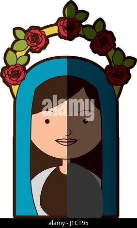 Fond blanc de moitié du corps colorés belle vierge avec couronne de roses et manteau bleu avec demi-ombre Illustration de Vecteur