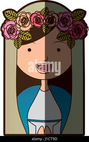 Fond blanc de moitié du corps colorés belle vierge avec couronne de roses avec demi-ombre Illustration de Vecteur