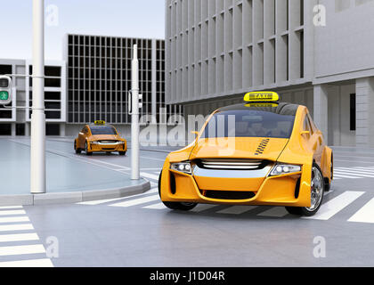Taxi jaune tournant au coin de la rue. Le rendu 3D image. Banque D'Images