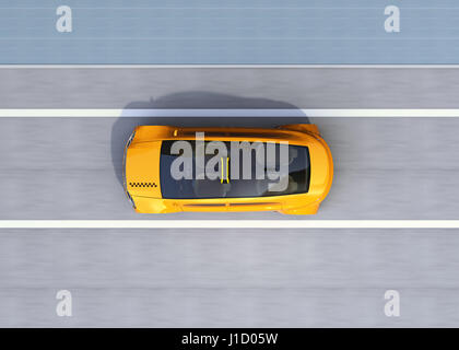 Vue de dessus du taxi jaune de la conduite sur route. Le rendu 3D image. Banque D'Images