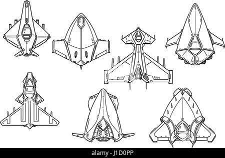 Jeu de vaisseau spatial spaceship dessinés à la main, dessins, illustrations en noir et blanc Illustration de Vecteur