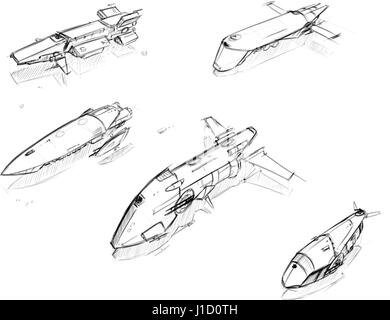 Ensemble de cinq crayon dessiné à la main concept art dessins de science-fiction scifi de concevoir les navires Illustration de Vecteur