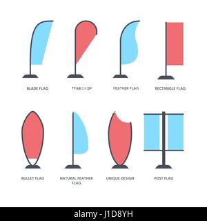 Exposition Publicité drapeaux arc, éléments de conception de la promotion de la télévision d'icônes. Différents types de formes - Tear Drop, lame, rectangle, plume, bullet. Les signes des objets de commerce Illustration de Vecteur