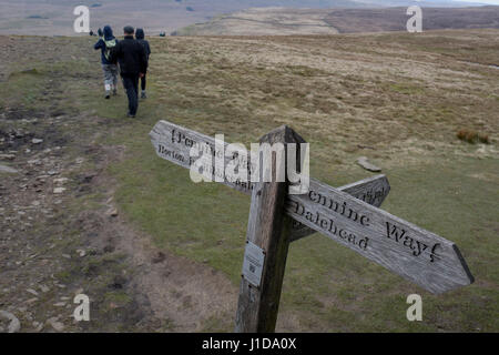 Les randonneurs descendent du sommet de Pen-y-Ghent dans le Parc National des Yorkshire Dales, le 13 avril 2017, dans la région de Horton dans Ribblesdale, Yorkshire, Angleterre. Banque D'Images