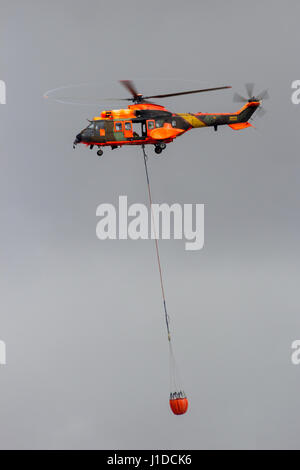 TORREJON, ESPAGNE - OCT 11, 2014 : l'Armée de l'air espagnole Eurocopter Cougar hélicoptère avec un seau bambi rempli d'eau, utilisée pour l'incendie aérienne. Banque D'Images