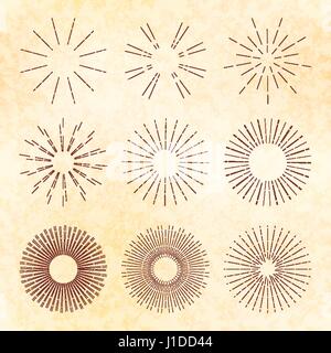 Grand ensemble de retro starburst dessiné à la main et du soleil. Vintage éléments du vecteur. Illustration de Vecteur