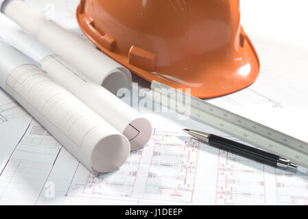 Les plans d'architecture et de dessin du projet stylo avec rouleaux bleus Banque D'Images