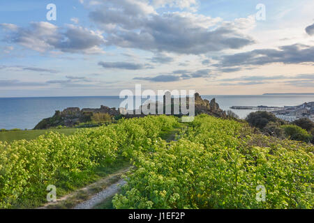 La vue du château de Hastings de Castle Hill, East Sussex, Angleterre, Royaume-Uni, Grande-Bretagne,GB, avec la jetée et Beachy Head au loin, au printemps Banque D'Images