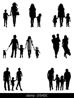 Silhouettes noires des familles en marchant sur un fond blanc Banque D'Images